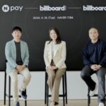 NAVER Pay CEO Park Sang-jin, Billboard Korea CEO and publisher Yuna Kim, and Billboard President Mike Van sign an MOU on April 16, 2024.